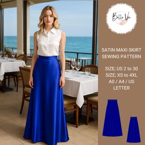 Può includere: Una donna indossa una camicetta bianca senza maniche e una gonna lunga in raso blu brillante. L'immagine include un modello di cucito con il testo "SATIN MAXI SKIRT SEWING PATTERN" e dettagli sulle taglie.