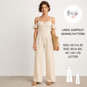 May include: A woman wearing a beige linen jumpsuit with spaghetti straps and ruffled sleeves. The jumpsuit has wide legs and a V-neckline. The image includes the text "LINEN JUMPSUIT SEWING PATTERN" and size information.