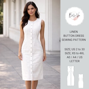 Puede incluir: Un vestido blanco de lino sin mangas con botones. El vestido tiene una silueta ajustada y una fila de botones en la parte delantera. La imagen también incluye el texto "LINEN BUTTON DRESS SEWING PATTERN" e información de tallas.