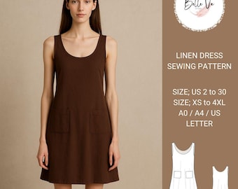 Linen Mini Dress Sewing Pattern: Curved Collar, Pockets(A4-A0 XS/4XL) (PDF Pattern)