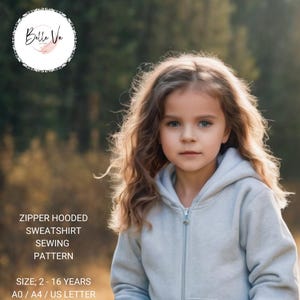 Patrón de costura en PDF para sudadera con capucha y cremallera para niña, tallas A4, A0 y EE. UU., edad de 2 a 16 años.