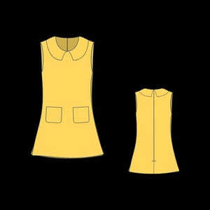May include: A yellow sleeveless dress design featuring a Peter Pan collar and two front pockets. The image shows the front and back views of the dress, with a simple, clean design. The back view has a central seam.