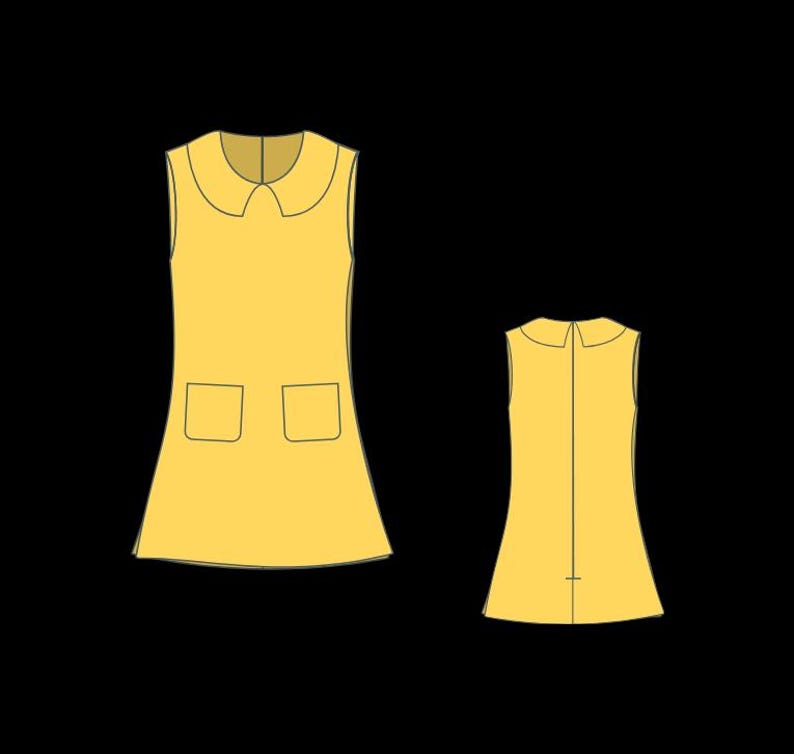 May include: A yellow sleeveless dress design featuring a Peter Pan collar and two front pockets. The image shows the front and back views of the dress, with a simple, clean design. The back view has a central seam.