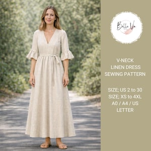 Linen V-Neck Dress Sewing Pattern: Cottagecore Style (XS-4XL) (Digital Download)