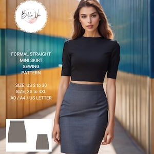 Peut inclure: Patron de couture pour une jupe mini droite formelle. Le patron est disponible dans les tailles françaises 34 à 52 et XS à 4XL. Le patron est imprimé sur du papier format A0, A4 ou lettre.