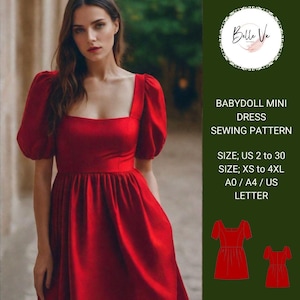 Könnte beinhalten: Ein Schnittmuster für ein rotes Babydoll-Minikleid. Das Schnittmuster umfasst die Größen US 2 bis 30 und XS bis 4XL. Das Schnittmuster ist in den Formaten A0, A4 und US Letter erhältlich.