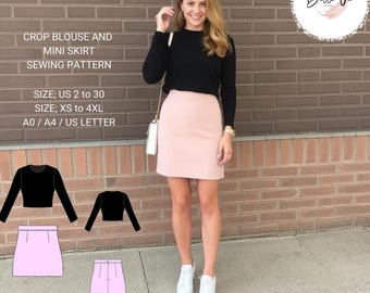 Crop Blouse & Mini Skirt Sewing Pattern: US Size 2-30(PDF)