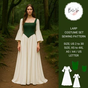 May include: A sewing pattern for a LARP costume set, featuring a long white dress with a green bodice. The pattern includes sizes UK 6 to 28 and XS to 4XL. The pattern is available in A0, A4, and UK Letter sizes.