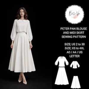 May include: A woman wearing a white Peter Pan collar blouse and midi skirt. The image includes a sewing pattern with the text "PETER PAN BLOUSE AND MIDI SKIRT SEWING PATTERN" and size details: US 2 to 30, XS to 4XL.