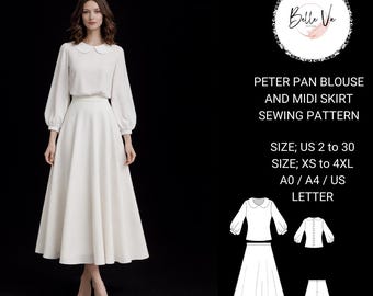 Peter Pan Collar Blouse and Midi Skirt Sewing Pattern, PDF, US 2-30, XS-4XL