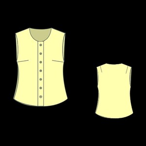 May include: A light yellow sleeveless top with a rounded collar and a button-down front. The top has a fitted silhouette and two small pockets. A smaller, matching top is also shown.