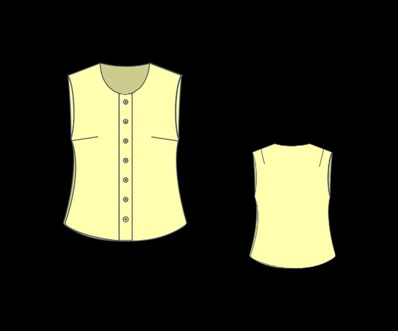 May include: A light yellow sleeveless top with a rounded collar and a button-down front. The top has a fitted silhouette and two small pockets. A smaller, matching top is also shown.