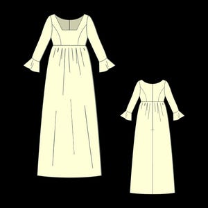 Pu&ograve; includere: Un disegno a linea di un lungo abito bianco con scollo quadrato e maniche lunghe. L'abito ha un corpetto aderente e una gonna fluida. L'abito &egrave; mostrato in vista frontale e posteriore.