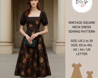 Vintage Square Neck Dress Sewing Pattern: Evening, Prom Dress (A4/US Letter)(Digital Download)
