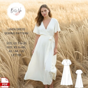 Patrón de costura para vestido de lino, vestido cruzado, patrón de costura para tallas grandes: A0, A4-Carta EE. UU., tallas EE. UU. 2 a 30, XS-4XL