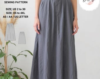 May include: A sewing pattern for a gathered skirt. The pattern includes sizes US 2 to 30 and XS to 4XL. The pattern is available in A0, A4, and US Letter sizes.