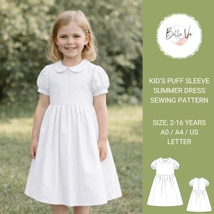 Puff Sleeve Girl's Dress Sewing Pattern, Summer Circle Dress(A4 A0 US, 2-16 Years)