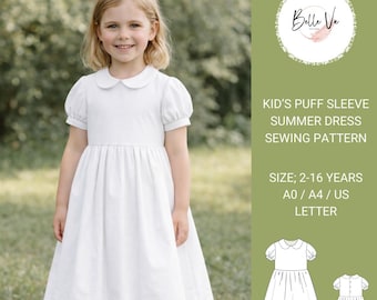 Puff Sleeve Girl's Dress Sewing Pattern, Summer Circle Dress(A4 A0 US, 2-16 Years)