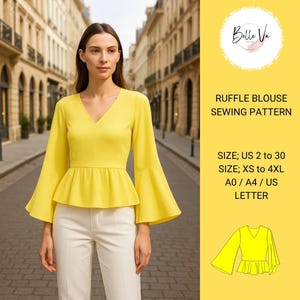 Molde de blusa com babados, blusa de primavera, molde de blusa com mangas largas, blusa com decote em V, tamanho XS-4XL, tamanho A4-EUA, tamanho A0