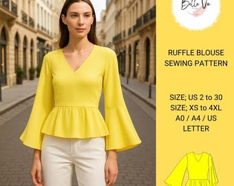 Ruffle Blouse Sewing Pattern V-Neck Top (PDF Download, XS-4XL, A4/US Letter/A0)