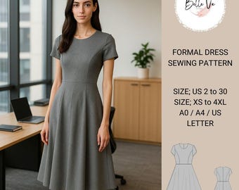 Formal Dress Sewing Pattern: Office, Casual, Below Knee(PDF Download, US 2-30, XS-4XL)