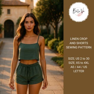 Puede incluir: Un patrón de costura para un top corto y pantalones cortos de lino. El patrón incluye las tallas ES 34 a 52 y XS a 4XL. El patrón está disponible en los tamaños A0, A4 y A4.