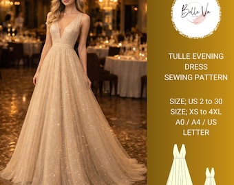 Glitter Tulle Evening Gown Sewing Pattern, V Neck Maxi Dress(PDF, US 2-30/XS-4XL Sizes
