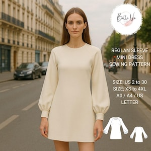 Patrón de costura para vestido raglán con mangas abullonadas, vestido de primavera, vestido raglán fácil, minivestido, tallas: 2 a 30, XS-4XL, A4-Carta EE. UU., A0