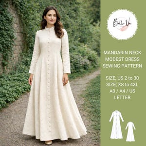 May include: A full-length, cream-coloured dress with a mandarin collar and long sleeves. The dress is fastened with buttons down the front and has a flared skirt. The image includes text that reads "MANDARIN NECK MODEST DRESS SEWING PATTERN".