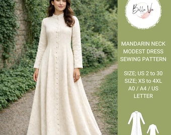 Mandarin Collar Linen Maxi Dress Sewing Pattern, Modest Button Front (PDF Download)