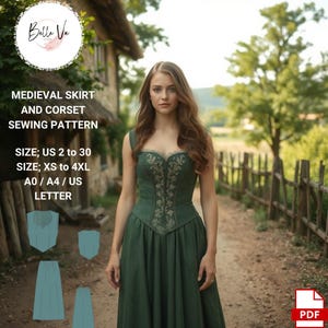 Patrón de conjunto de falda y blusa medieval renacentista, vestido de hada, regencia, elfo, falda midi, vestido elegante, tamaño A0, A4, carta estadounidense (tallas 2 a 30 de EE. UU.)