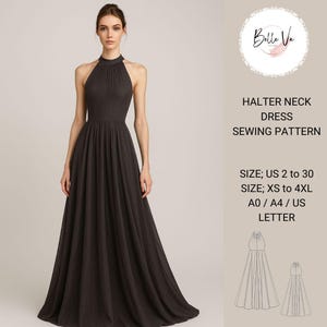 Puede incluir: Un patrón de costura para un vestido de cuello halter. El patrón incluye instrucciones para las tallas españolas 34 a 52 y XS a 4XL. El patrón está disponible en los tamaños A0, A4 y A4.