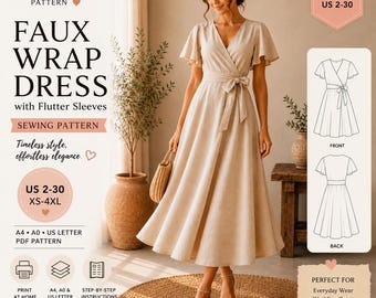 Faux Wrap Dress Sewing Pattern | Flutter Sleeve Midi Dress (PDF Download)