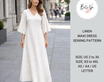 Linen Maxi Dress Sewing Pattern, V Neck, Bell Sleeve, Minimalist A Line (PDF Download)