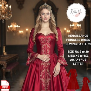 Peut inclure: Patron de couture PDF pour une robe de princesse Renaissance. Le patron comprend les tailles françaises 34 à 48 et XS à 4XL. Le patron est disponible en tailles A0, A4 et A4 français.