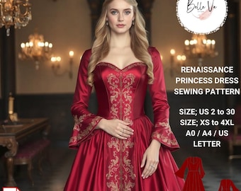 May include: A PDF sewing pattern for a Renaissance princess dress. The pattern includes sizes US 2 to 30 and XS to 4XL. The pattern is available in A0, A4, and US Letter sizes.