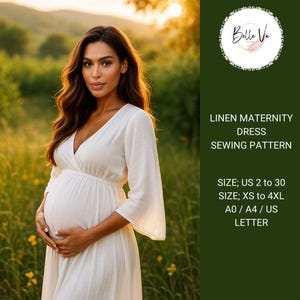 Patrón de costura de bata de maternidad de lino, tallas de mujer: EE. UU. 2 a 30, XS a 4 XL, formato A0, A4, papel carta de EE. UU.