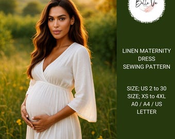 Puede incluir: Un patrón de costura para un vestido de maternidad de lino blanco. El patrón incluye las tallas US 2 a 30 y XS a 4XL. El patrón está disponible en tamaños A0, A4 y US Letter.