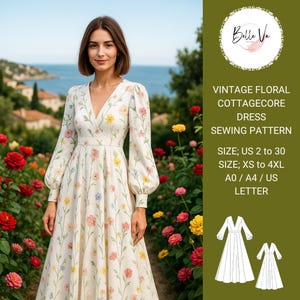 Puede incluir: Una mujer con un vestido cottagecore floral vintage blanco con mangas largas y cuello en V. El vestido tiene un estampado de flores coloridas. La imagen incluye el texto "Belle Ve" y "VINTAGE FLORAL COTTAGECORE DRESS SEWING PATTERN".