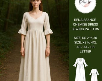 Patrón de costura para camisola renacentista: Vestido largo estilo cottagecore (talla A0, A4, EE. UU. 2-30)