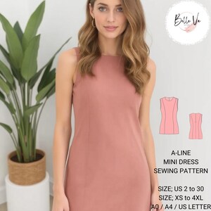 Patrón de vestido mini de corte A, vestido mini, diseño de vestido minimalista, tallas A0-A4-US // Adecuado para tallas de mujer; tallas US 2 a 30 // XS a 4XL