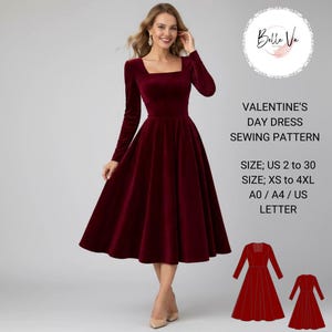 Op de afbeelding: Een bordeauxrode fluwelen jurk met een vierkante halslijn en lange mouwen. De jurk heeft een volle rok en komt tot op de knie. De afbeelding bevat de tekst "VALENTINE'S DAY DRESS SEWING PATTERN" en maat informatie.