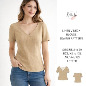 Patrón de costura para blusa de lino: escote en V (XS-4XL) (patrón PDF)