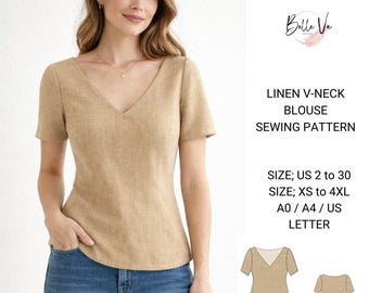Leinen Bluse Schnittmuster: V-Ausschnitt Top (XS-4XL)(PDF-Muster)