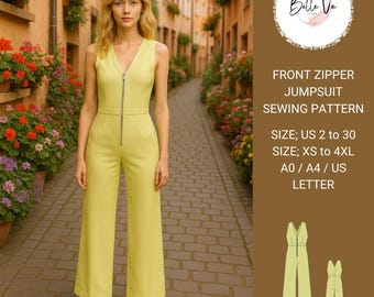 Front Zipper Maxi Jumpsuit Sewing Pattern: Sleeveless Design (A0 A4 US Letter PDF Download)