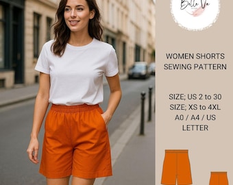 Women's Linen Shorts Sewing Pattern, Elastic Waist, XS-4XL (PDF Pattern)