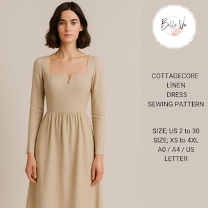 Linen Cottagecore Dress Sewing Pattern: Gathered Waist, Square Neck(Digital Download)
