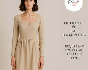 Patrón de costura para vestido de lino estilo cottagecore: cintura fruncida y escote cuadrado (descarga digital)