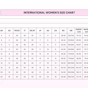 Puede incluir: Tabla de tallas internacionales para mujer, con medidas en cent&iacute;metros. Muestra tallas de la EU 32 a la 50, con equivalencias en UK, US, FR/ES, IT, DE/AT, JP, AU, CA, RU y CN. Medidas de pecho, cintura y cadera.
