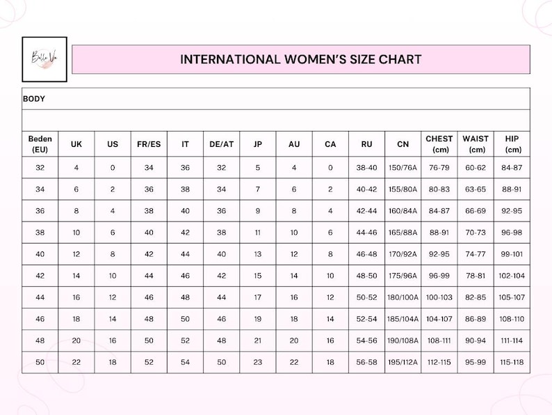 Puede incluir: Tabla de tallas internacionales para mujer, con medidas en cent&iacute;metros. Muestra tallas de la EU 32 a la 50, con equivalencias en UK, US, FR/ES, IT, DE/AT, JP, AU, CA, RU y CN. Medidas de pecho, cintura y cadera.